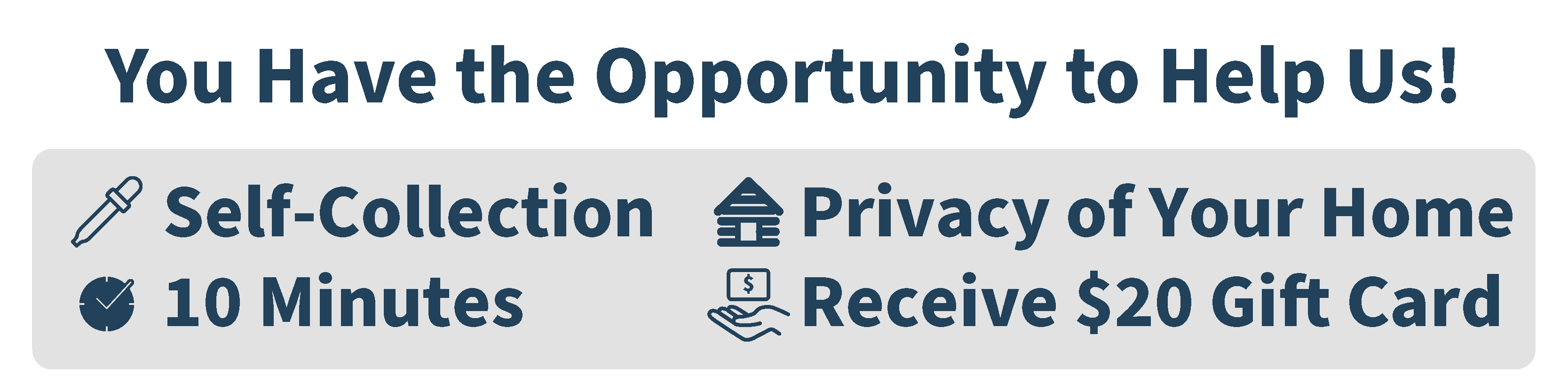 You have the opportunity to help us!
This study is self-collected, can be done from the privacy of your home, takes 10 minutes, and you will receive a $20 gift card if you participate.